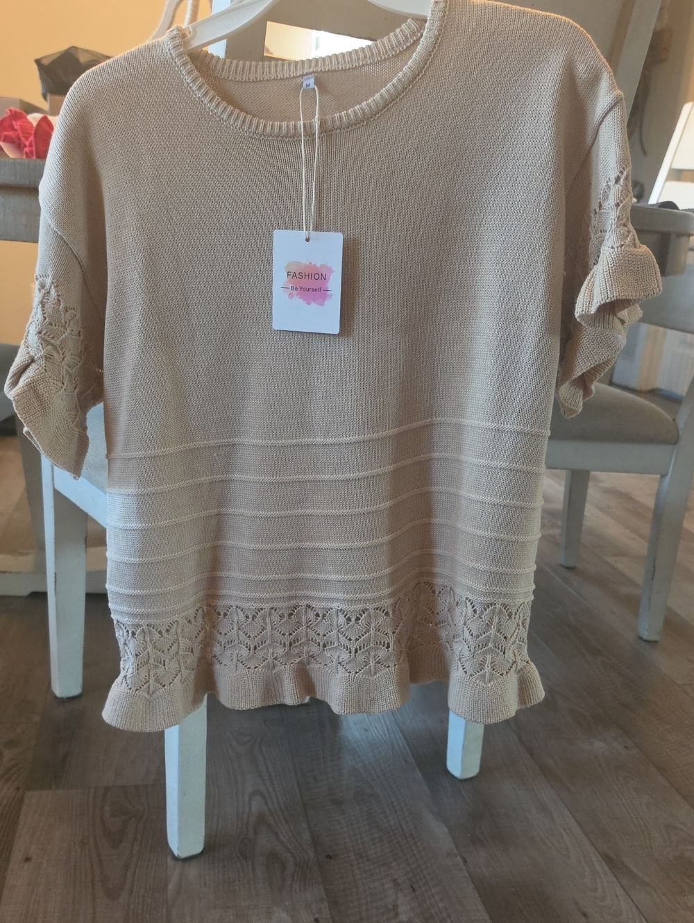 Ruffled Hem Knit Crewneck Sweater Tee - Cream